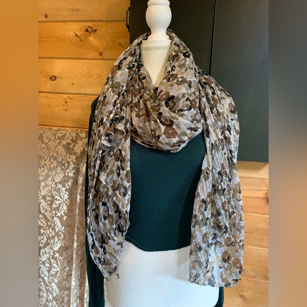 Vintage Silk Floral Leopard Print‎ Scarf Brown Cream Black